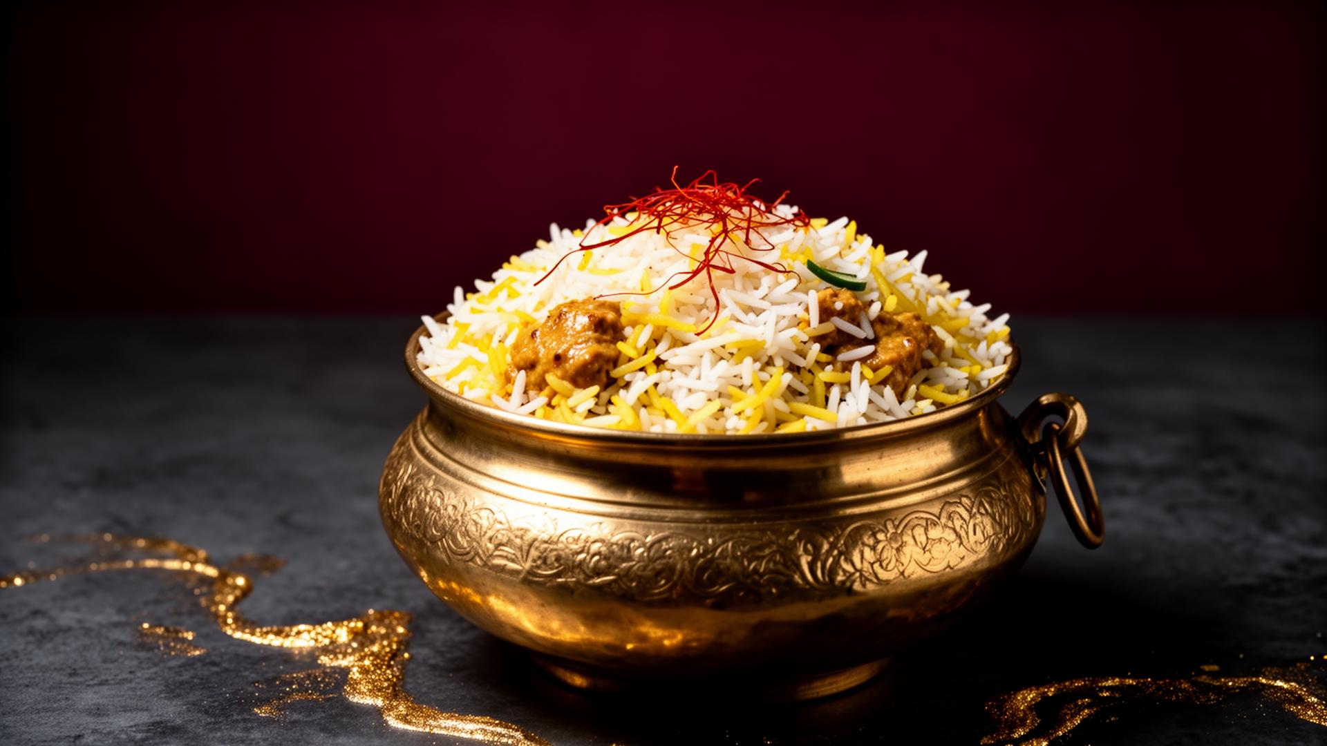 Royal Mughlai biryani served in a golden handi